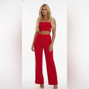 Red co-ord two piece pantsuit set, crop top and flare pants in size small